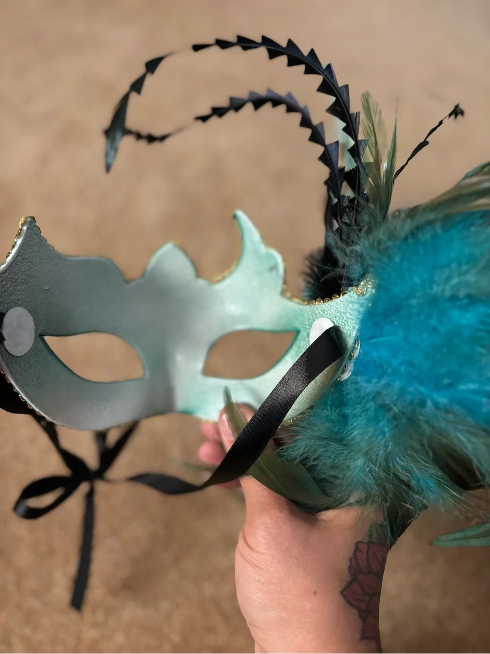 Teal Feathered Masquerade Mask with Gold Trim